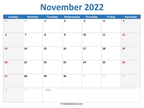 November 2022 Editable Calendar